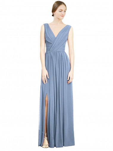 Sleeveless Draped Chiffon Bridesmaid Dress / Maxi Dress with Front Slit UK