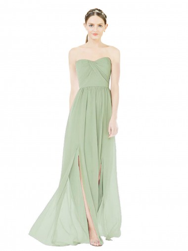 Strapless Draped Bodice Evening Dress / Bridesmaid Maxi Dress with Front Slits UK
