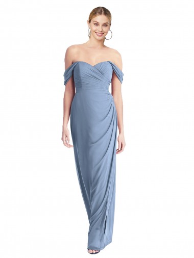 Full Length Draped Off the Shoulder Evening Dress / Bridesmaid Maxi Dress with Shirred Streamer UK