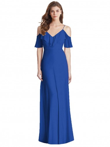 Ruffled Cold Shoulder Chiffon Evening Dress / Bridesmaid Maxi Dress UK