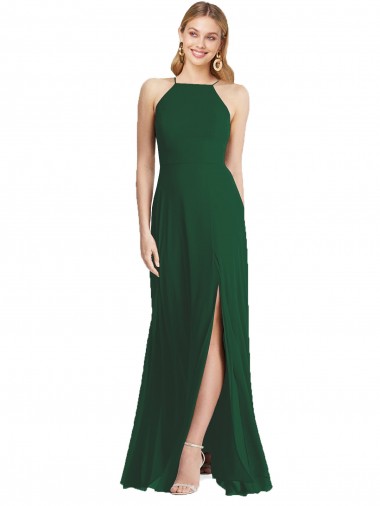High-Neck Evening Dress / Bridesmaid Maxi Dress with Front Slit UK