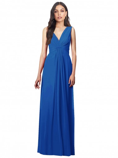 Draped V-Neck Shirred Chiffon Evening Dress / Bridesmaid Maxi Dress UK