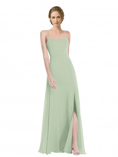 Scoop Neck Tie Strap Evening Dress / Bridesmaid Maxi Dress with Front Slit UK