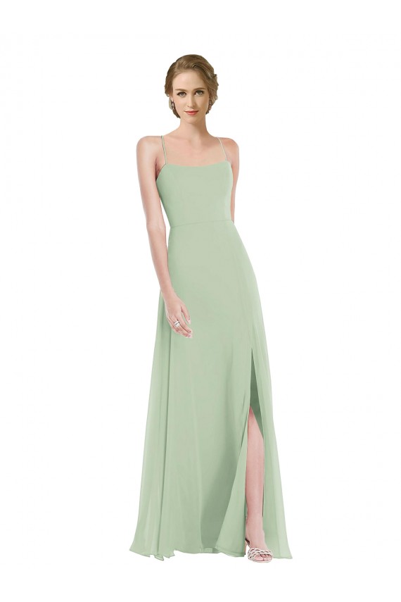 Scoop Neck Tie Strap Evening Dress / Bridesmaid Maxi Dress with Front Slit UK