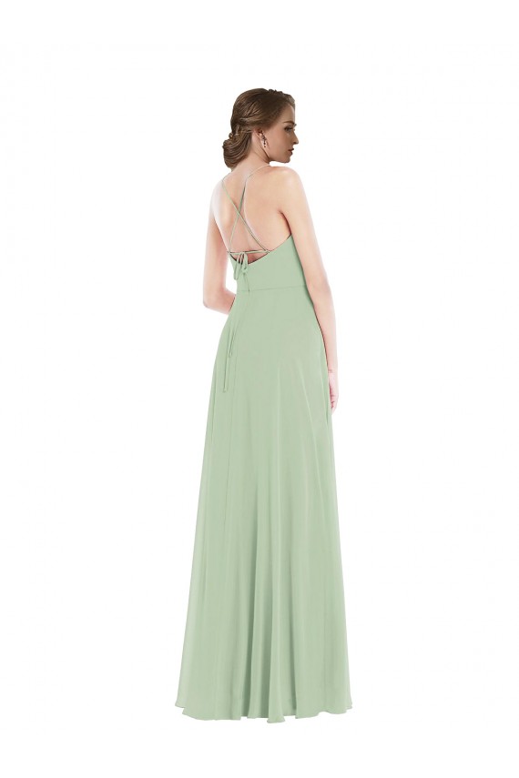 Scoop Neck Tie Strap Evening Dress / Bridesmaid Maxi Dress with Front Slit UK