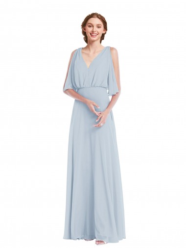 V-Neck Split Sleeves Blouson Bodice Evening Dress / Bridesmaid Maxi Dress UK