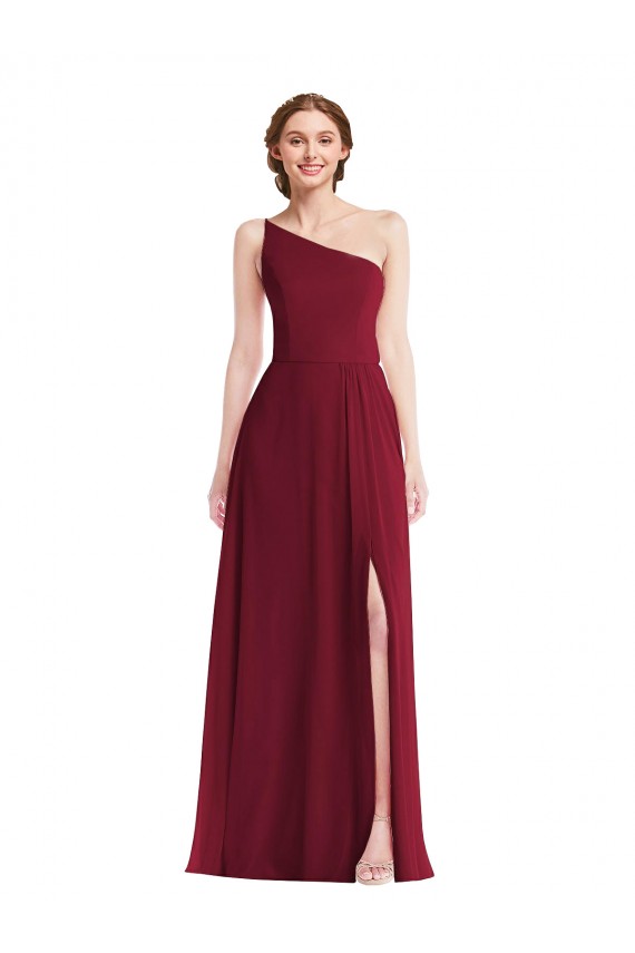 One Shoulder Chiffon Evening Dress / Bridesmaid Maxi Dress with Shirred Front Slit UK