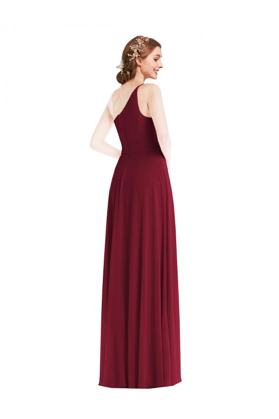 One Shoulder Chiffon Evening Dress / Bridesmaid Maxi Dress with Shirred Front Slit UK