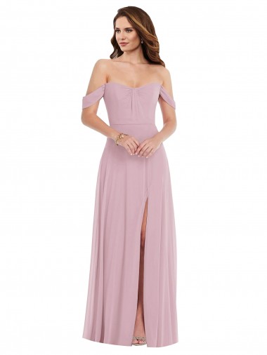 Off the Shoulder Draped Sleeve Evening Dress / Bridesmaid Maxi Dress with Front Slit UK