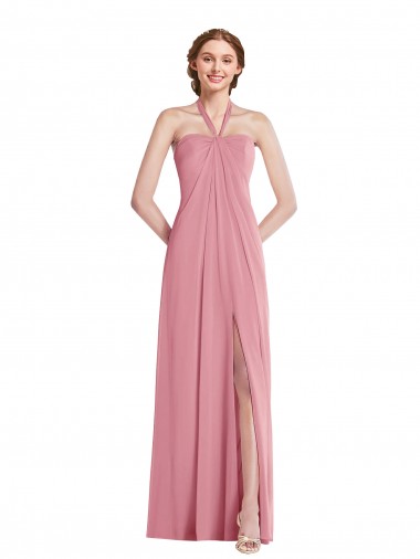 Draped Chiffon Grecian Column Maxi Dress with Front Slit UK