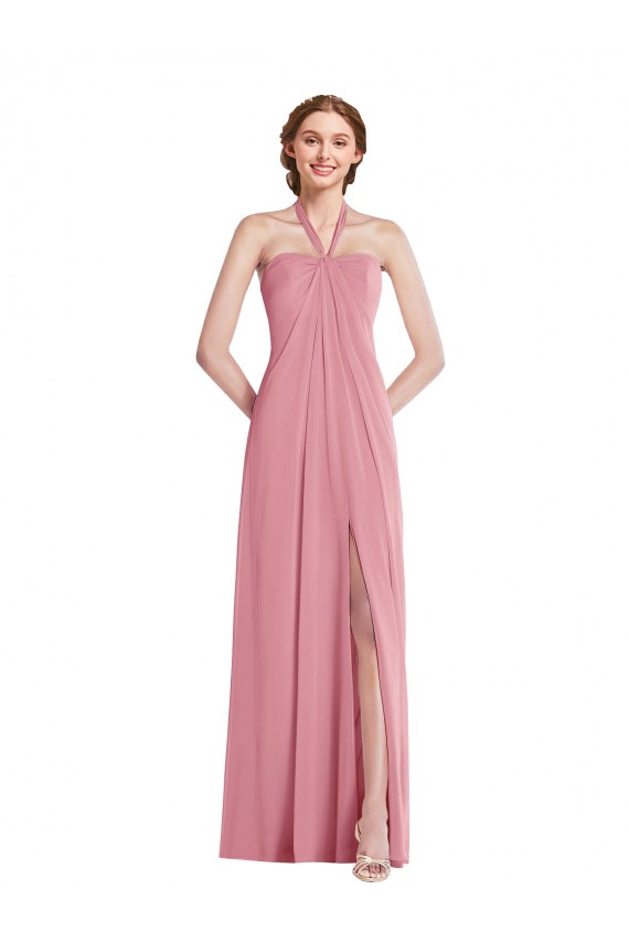 Draped Chiffon Grecian Column Maxi Dress with Front Slit UK