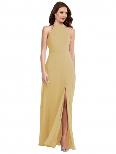 Stand Collar Halter Evening Dress / Bridesmaid Maxi Dress with Criss Cross Open Back UK