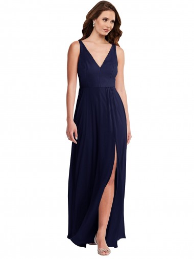 Deep V-Neck Chiffon Evening Dress / Bridesmaid Maxi Dress with Front Slit UK