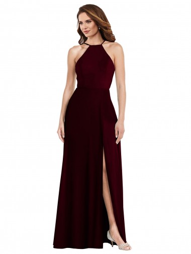 Halter Spaghetti Straps Evening Dress / Bridesmaid Maxi Dress with Front Slit UK