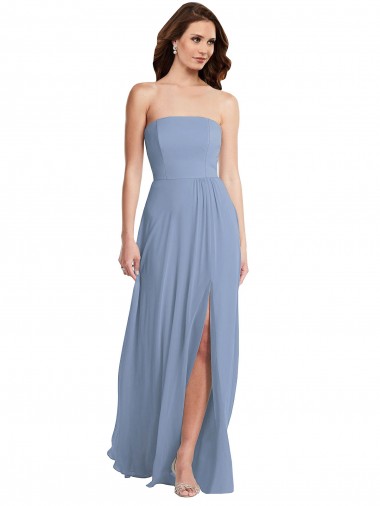 Strapless A-Line Evening Dress / Bridesmaid Maxi Dress with Front Slit UK