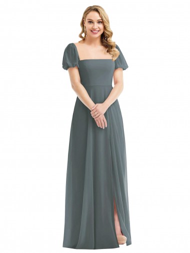 Puff Sleeves Chiffon Evening Dress / Bridesmaid Maxi Dress with Front Slit UK