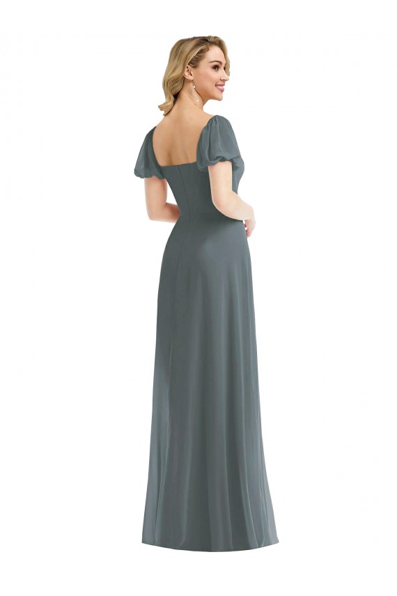 Puff Sleeves Chiffon Evening Dress / Bridesmaid Maxi Dress with Front Slit UK