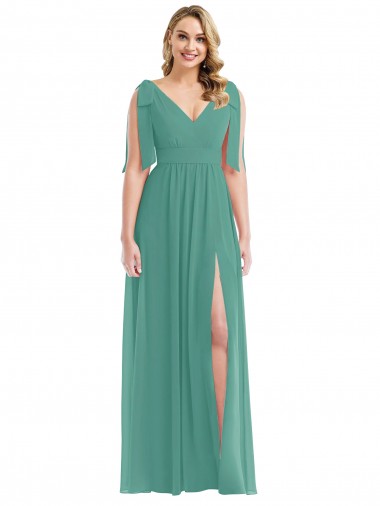 Plunge Neckline Bow Shoulder Chiffon Evening Dress / Bridesmaid Maxi Dress UK