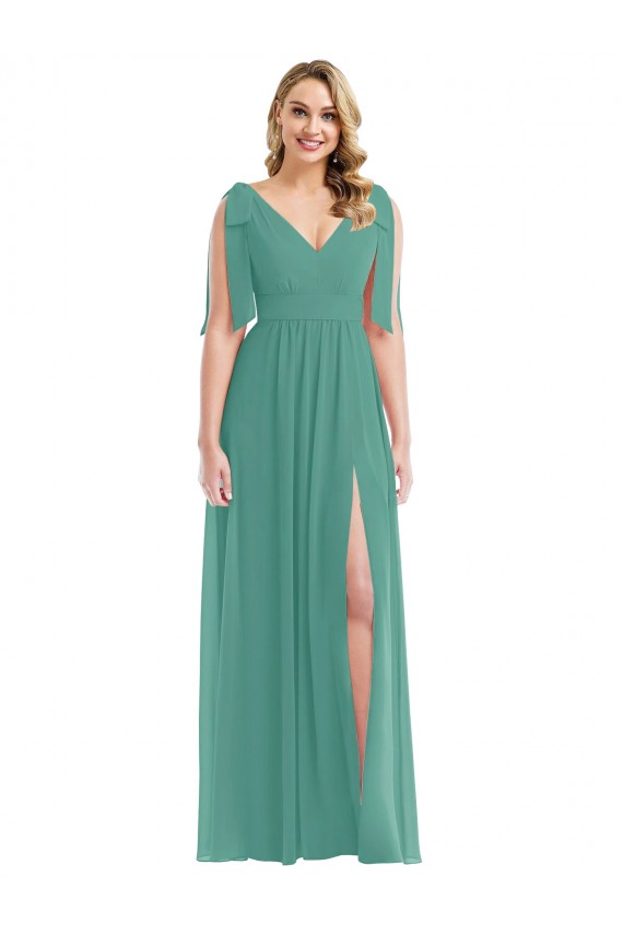 Plunge Neckline Bow Shoulder Chiffon Evening Dress / Bridesmaid Maxi Dress UK