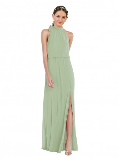 High Neck Scarf Tie Blouson Bodice Evening Dress / Bridesmaid Maxi Dress with Front Slit UK