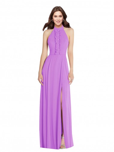 Halter Backless Formal Maxi Dress with Button Ruffle Placket UK