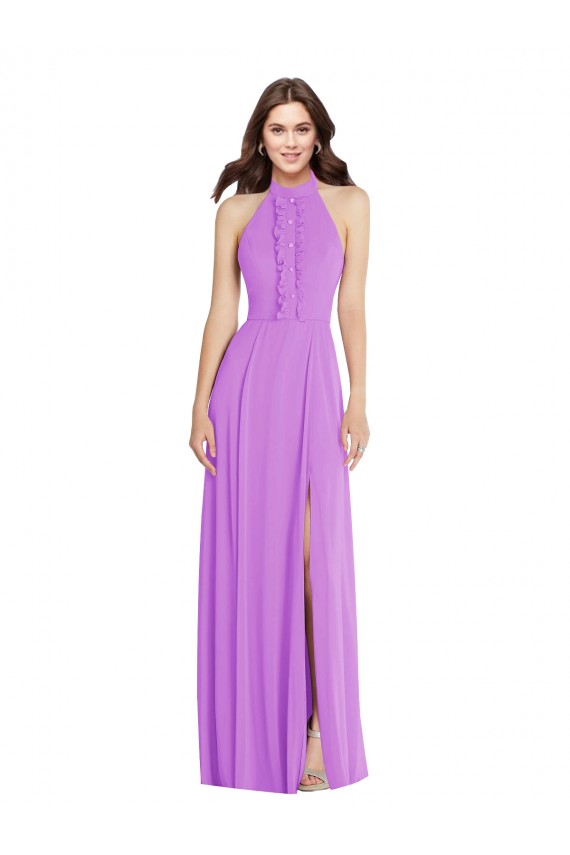 Halter Backless Formal Maxi Dress with Button Ruffle Placket UK