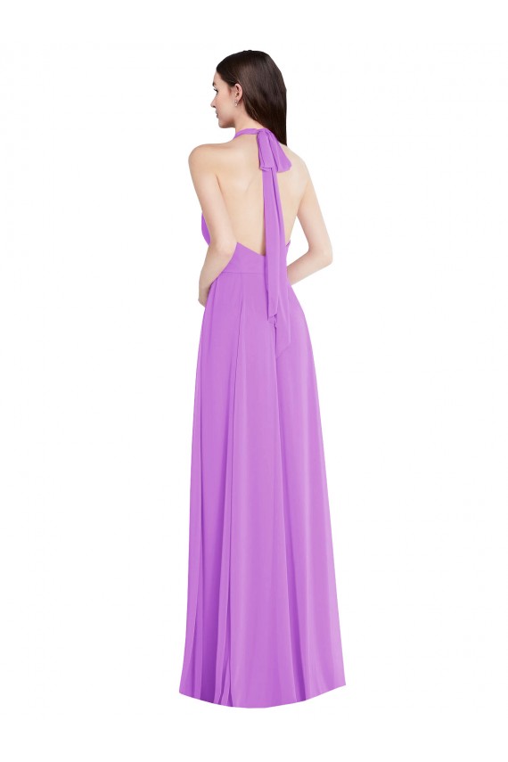 Halter Backless Formal Maxi Dress with Button Ruffle Placket UK