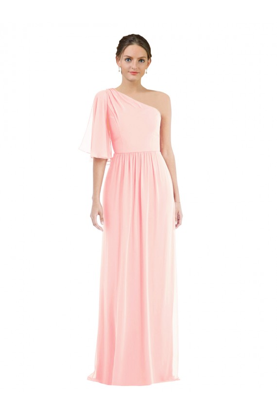 One Shoulder Bell Sleeves Chiffon Evening Dress / Bridesmaid Maxi Dress UK