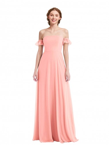 Off the Shoulder Ruffle Cuff Sleeve Chiffon Evening Dress / Bridesmaid Maxi Dress UK