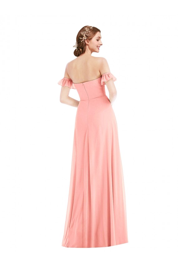 Off the Shoulder Ruffle Cuff Sleeve Chiffon Evening Dress / Bridesmaid Maxi Dress UK