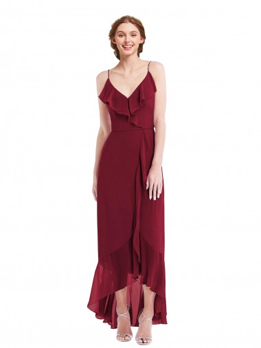 Ruffle Trimmed V-Neck High Low Wrap Chiffon Maxi Evening Dress UK