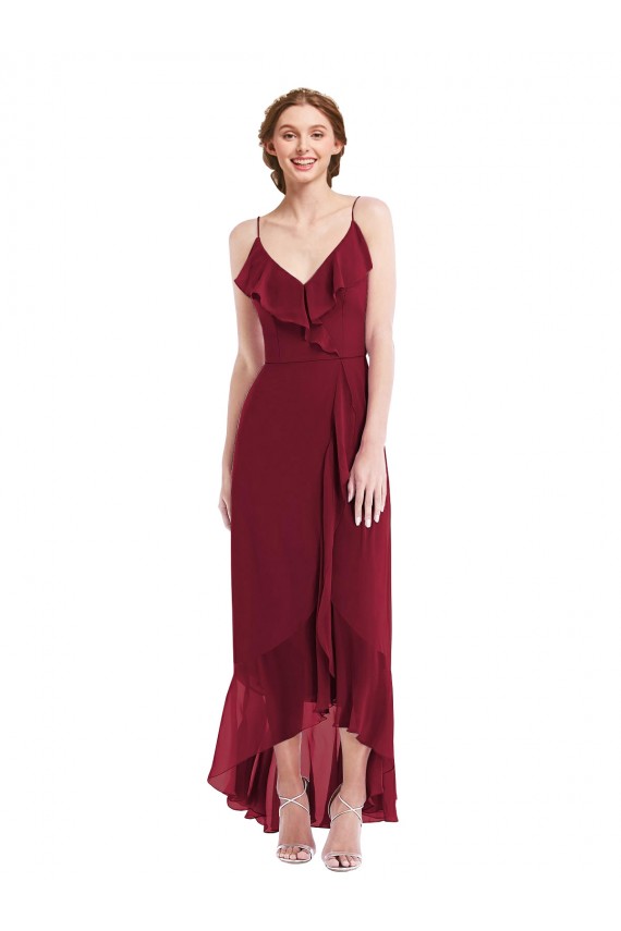 Ruffle Trimmed V-Neck High Low Wrap Chiffon Maxi Evening Dress UK