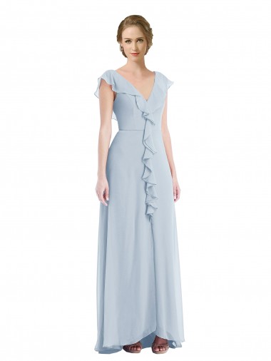 Ruffle Trimmed V Back Chiffon Evening Dress / Bridesmaid Maxi Dress UK