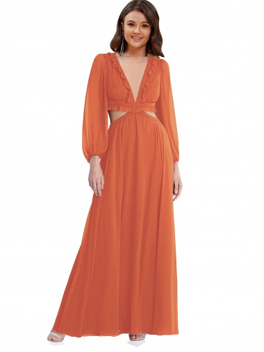 High Low Ruffled Long Chiffon Cutout Bishop Sleeves Bridesmaid Dress / Maxi Dress UK
