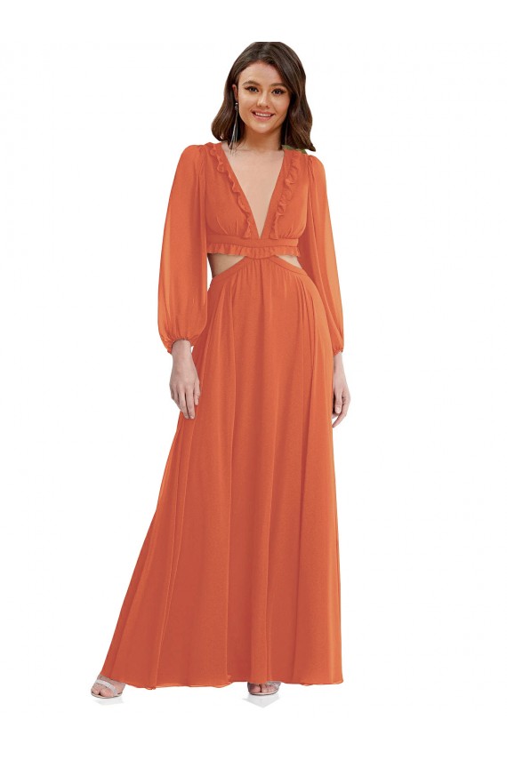 High Low Ruffled Long Chiffon Cutout Bishop Sleeves Bridesmaid Dress / Maxi Dress UK