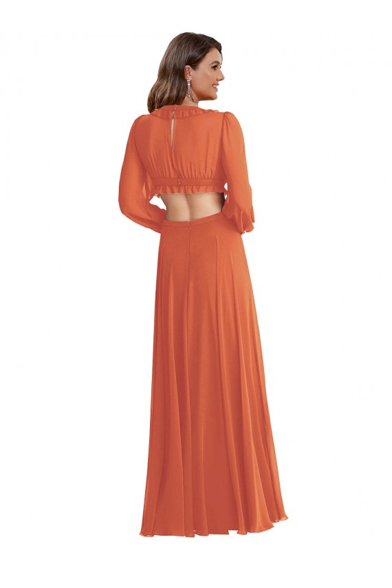 High Low Ruffled Long Chiffon Cutout Bishop Sleeves Bridesmaid Dress / Maxi Dress UK