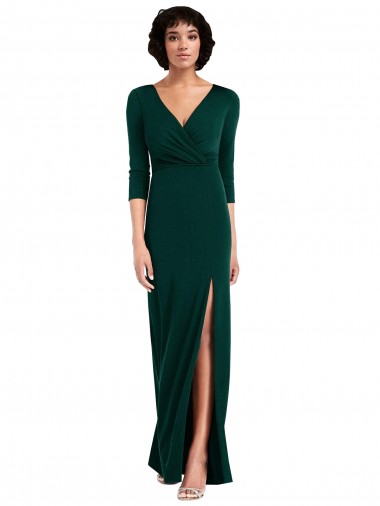 Floor Length 3/4 Sleeves V-Back Draped Wrap Spandex Maxi Dress UK