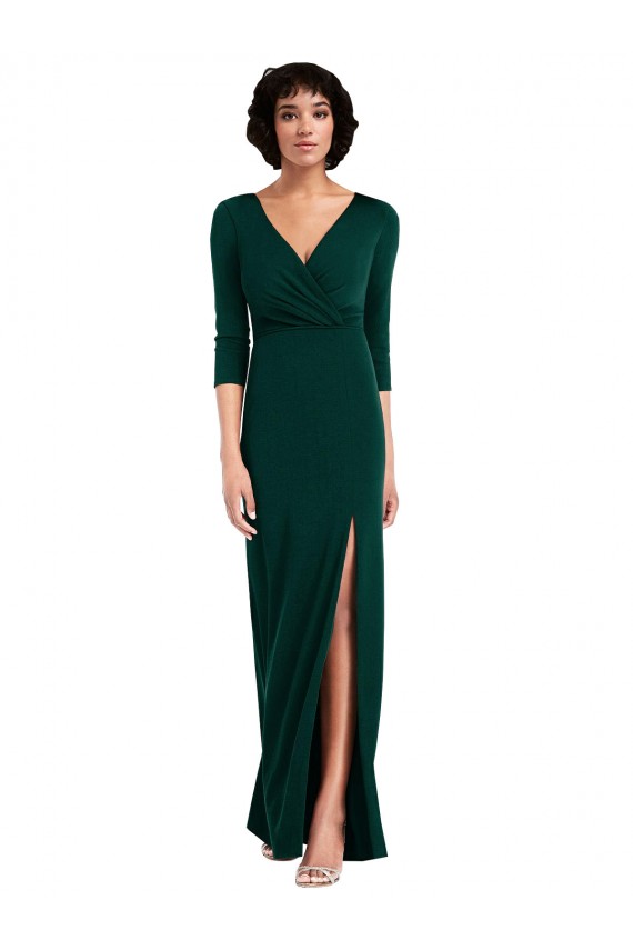 Floor Length 3/4 Sleeves V-Back Draped Wrap Spandex Maxi Dress UK