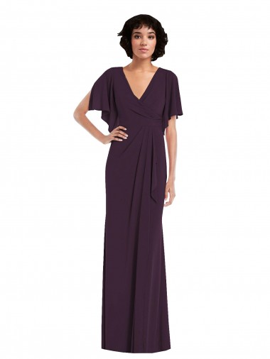 Faux Wrap Split Sleeves Spandex Evening Dress / Bridesmaid Maxi Dress with Cascade Skirt UK