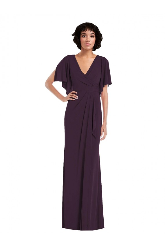 Faux Wrap Split Sleeves Spandex Evening Dress / Bridesmaid Maxi Dress with Cascade Skirt UK