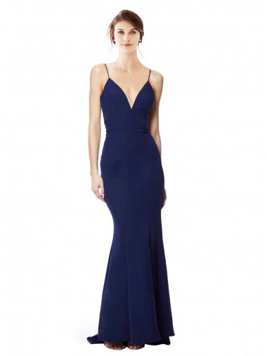 Deep V-Neck Spaghetti Straps Mermaid Crepe Maxi Dress UK