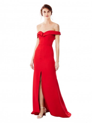 Off the Shoulder Chapel Train Crepe Maxi Dress with Thigh-High slit UK