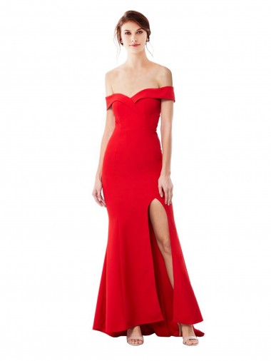 Off the Shoulder Sweetheart Crepe Maxi Dress With Thigh Split and Train UK
