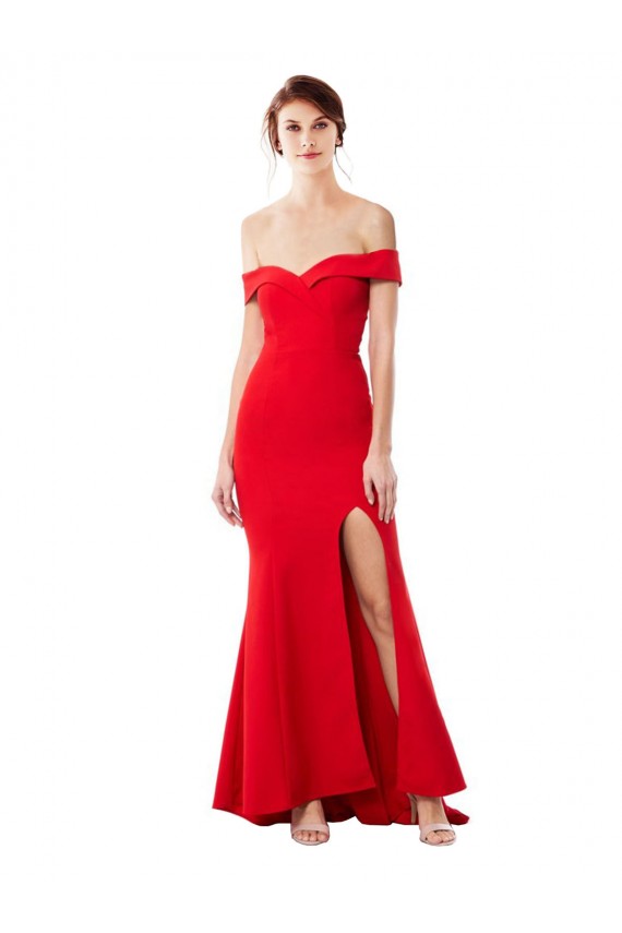 Off the Shoulder Sweetheart Crepe Maxi Dress With Thigh Split and Train UK