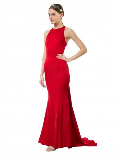 High Neck Mermaid Open Back Crepe Formal Evening Dress / Maxi Dress with Train Detail UK