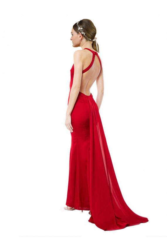 High Neck Mermaid Open Back Crepe Formal Evening Dress / Maxi Dress with Train Detail UK