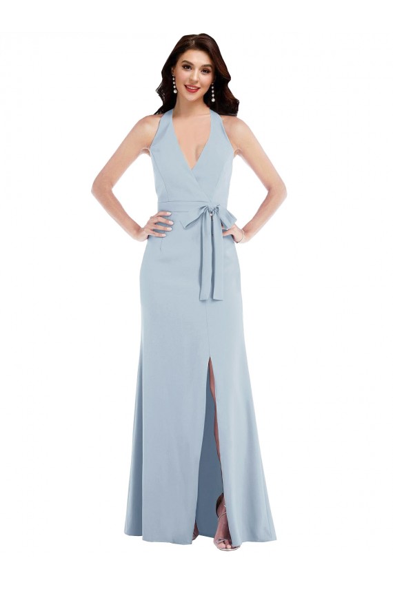 Open Back Halter Crepe Maxi Dress with Draped Bow UK