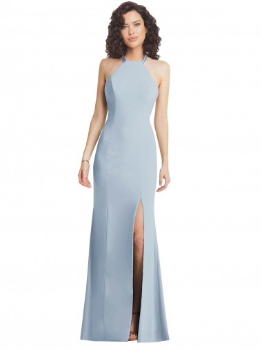 High Neck Halter Crepe Maxi Dress with Twist Criss Cross Back UK