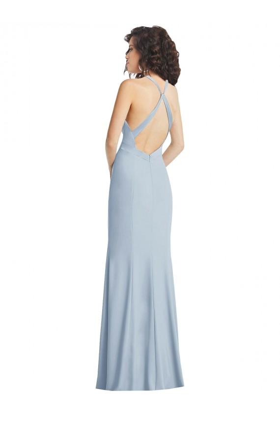 High Neck Halter Crepe Maxi Dress with Twist Criss Cross Back UK