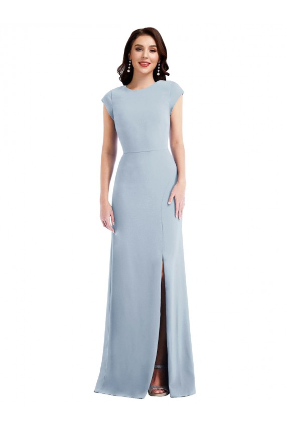 Cap Sleeve Open Back Trumpet Crepe Maxi Dress with Front Slit UK